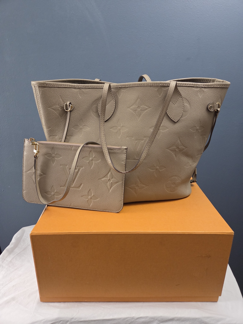 Louis Vuitton MM Turtledove Monogram Empreinte Tote with Pouch